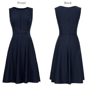 Elegant Pinstriped Black A-line Flare Sleeveless Cocktail Dress NWT Women Size L